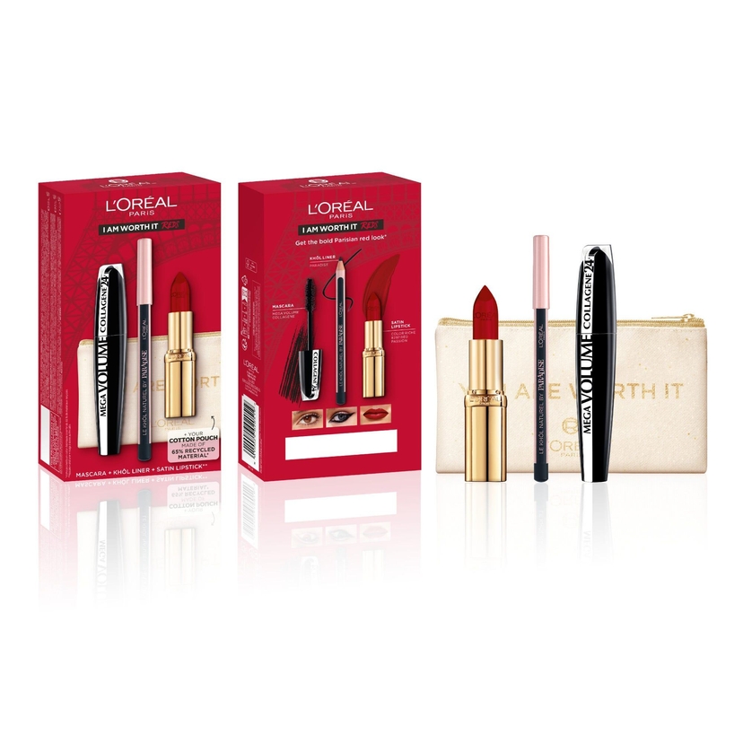 Coffret De Maquillage Look De Voyage Je Le Vaux Bien Reds Routine Avec Mascara Mega Volume Collagene + Super liner Le khôl + Rouge à Lèvres Color Riche Satin