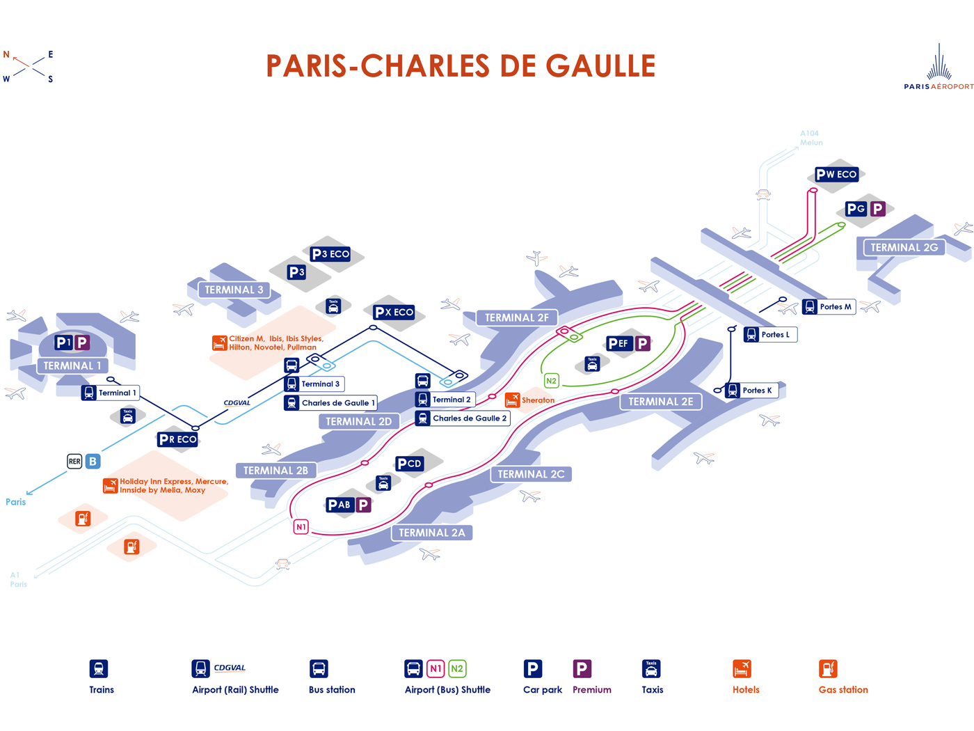 Map of Paris-CGD airport with details of parking facilities